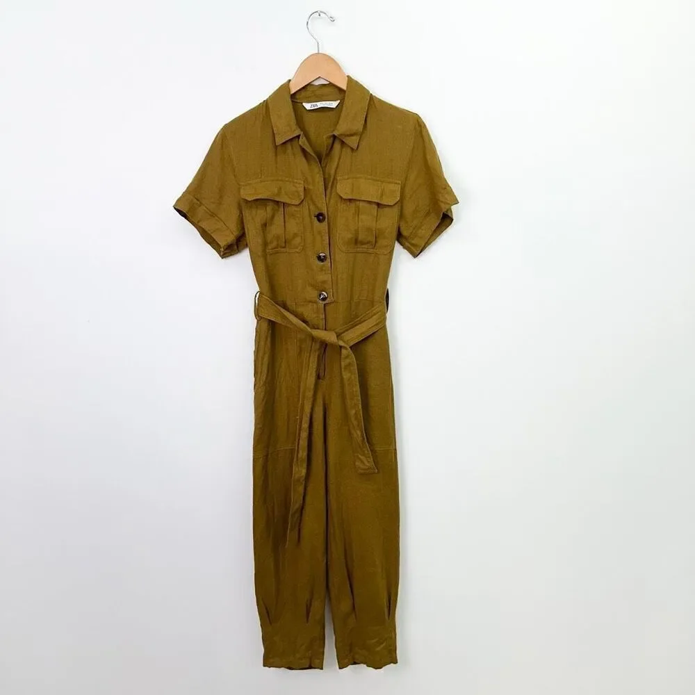 Zara Women’s Deep Mustard Yellow Linen Shortsleeved Tapered Leg Jumpsuit